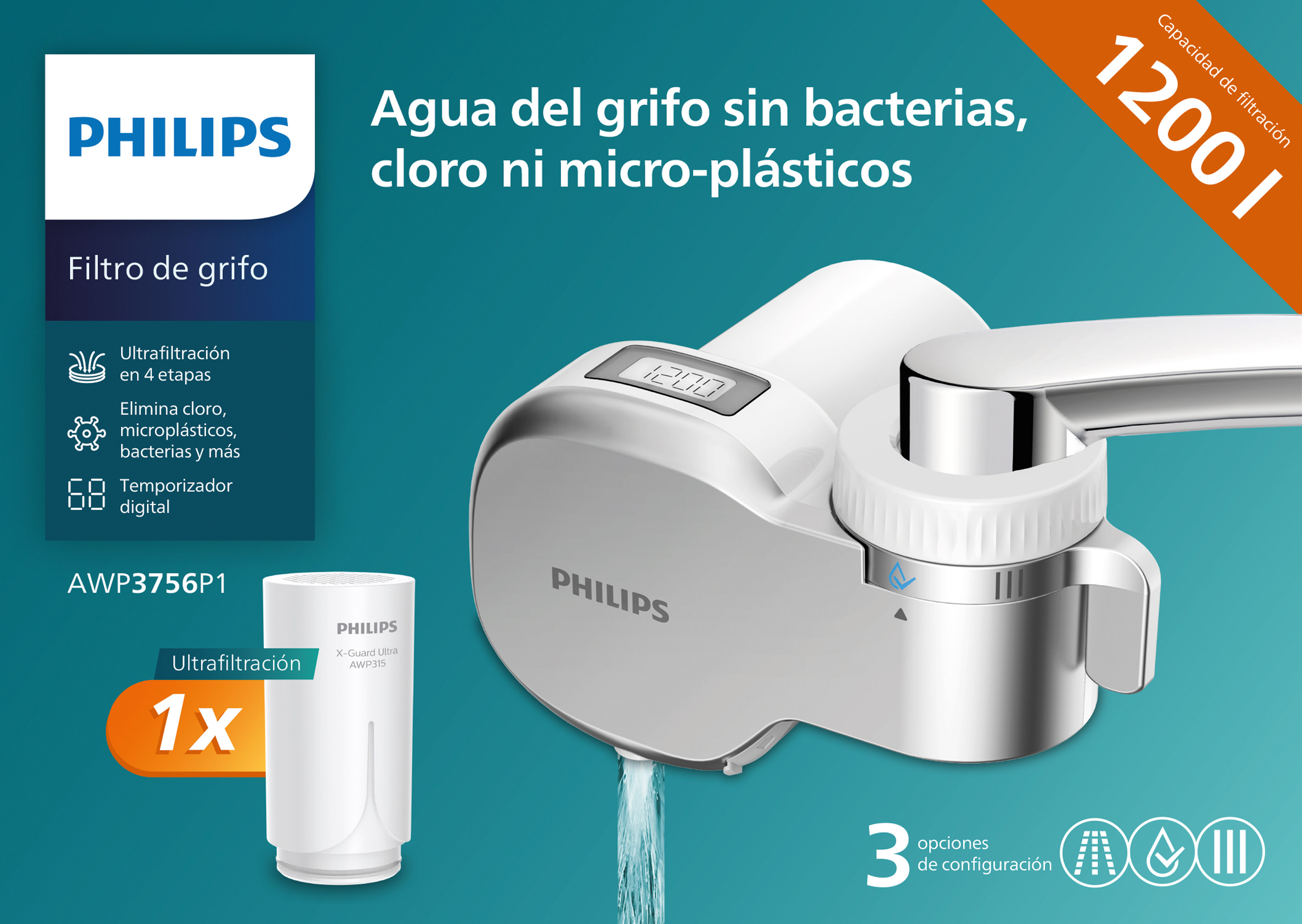 Filtro para grifo Philips AWP3756P1/10, ultra filtración, con display LCD, 1200 litros